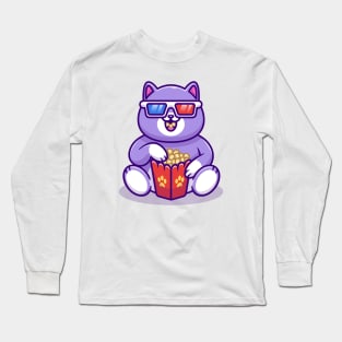 Cute Fat Cat Watching Movie With Popcorn Cartoon Long Sleeve T-Shirt